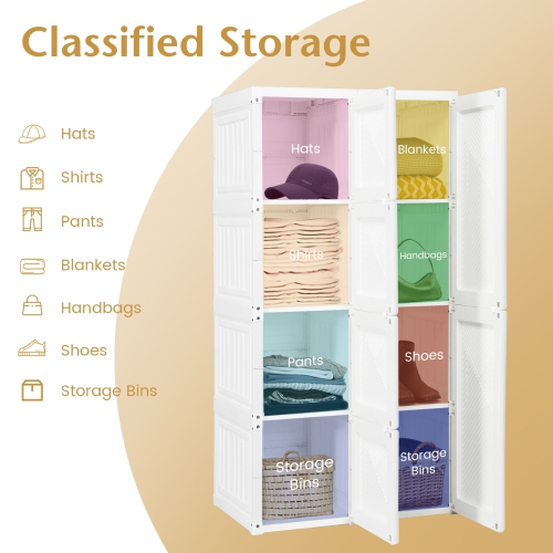 Foldable Armoire Wardrobe Closet with 8 Cubby Storage for Clothes and Accessories