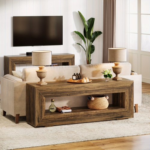 Lantine TV Stand, 2-Tier Long TV Console Table, Retro Entertainment Center, Farmhouse Media Console Table With Storage Shelves, Living Room, Brown