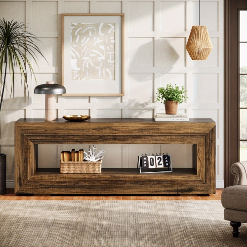 Lantine TV Stand, 2-Tier Long TV Console Table, Retro Entertainment Center, Farmhouse Media Console Table With Storage Shelves, Living Room, Brown