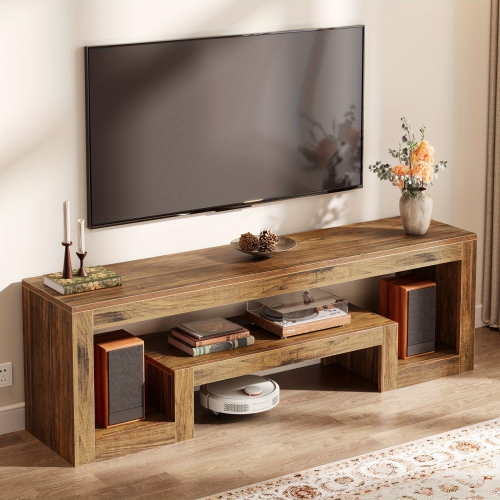 Lantine 63-Inch TV Stand For 55/60/65-Inch TVs, Farmhouse Entertainment Center With Open Storage Shelves, Rustic Brown Television Console For Living