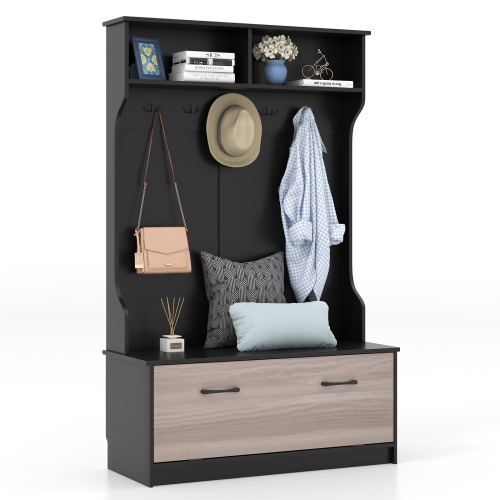 Portemanteau 3-en-1 avec banc d'entrée, crochets et armoire de rangement fermée