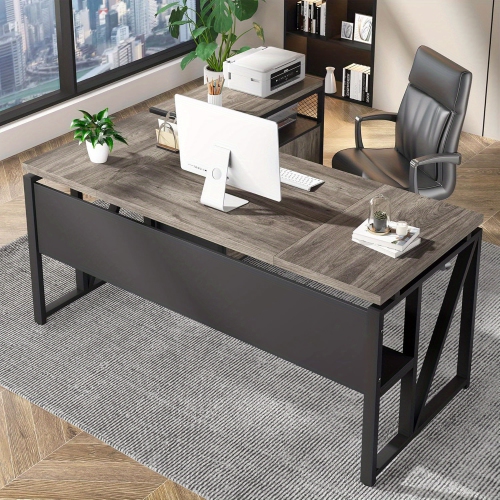LANTINE  Office Desk w Drawers Sets, 63 Inches L Shaped Executive Desk w Mobile File Cabinet Fptd-F2086-A-Lifuor Home Office Furniture Sets (Dark