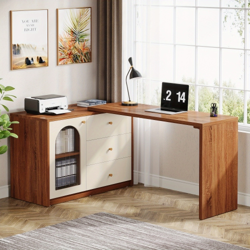 Lantine L-Shape Computer Desk, Corner Desk Writing Desk Study Desk With File Cabinet, Extendable PC Study Desk Corner Table, Home Office Corner Desk,