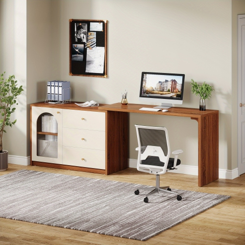 Lantine L-Shape Computer Desk, Corner Desk Writing Desk Study Desk With File Cabinet, Extendable PC Study Desk Corner Table, Home Office Corner Desk,