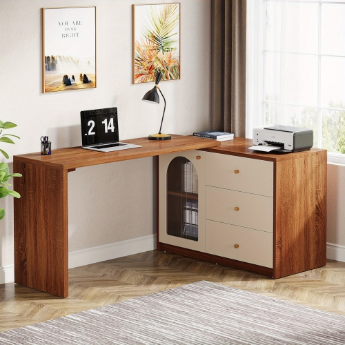 Lantine L-Shape Computer Desk, Corner Desk Writing Desk Study Desk With File Cabinet, Extendable PC Study Desk Corner Table, Home Office Corner Desk,