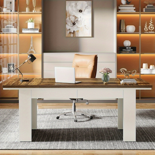 Lantine 63" Farmhouse Writing Desk For 4-6 Person Workspace, Large Reclaimed Wood Work Table For Study Room & Home Office, Rustic Table Library Desk