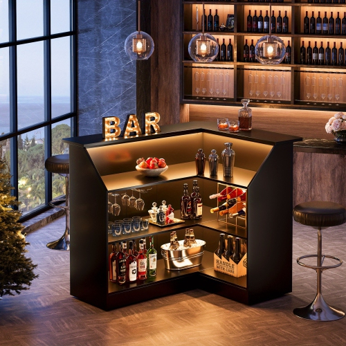 Lantine Bar Cabinet, L-Shaped Home Bar Table with Stemware Racks, 4-Tier Corner Bar Unit Liquor Wine Bar Table Reception Desk for Home Pub, Christmas