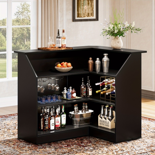 Lantine Bar Cabinet, L-Shaped Home Bar Table with Stemware Racks, 4-Tier Corner Bar Unit Liquor Wine Bar Table Reception Desk for Home Pub, Christmas