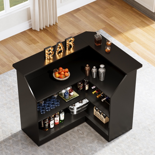 Lantine Bar Cabinet, L-Shaped Home Bar Table with Stemware Racks, 4-Tier Corner Bar Unit Liquor Wine Bar Table Reception Desk for Home Pub, Christmas