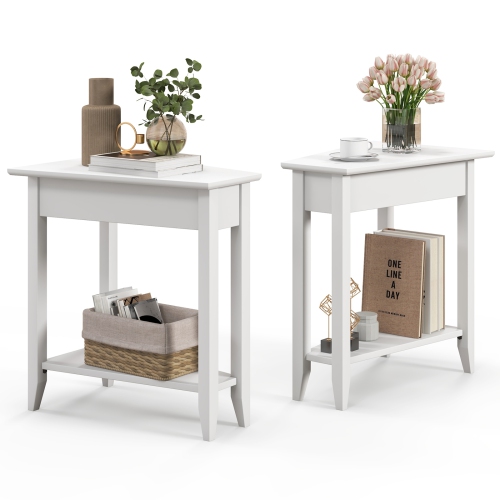 Narrow 2-Tier Side Table with Wedge Design, Shelf, and Wooden Legs