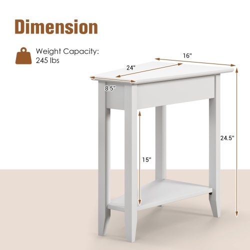 Narrow 2-Tier Side Table with Wedge Design, Shelf, and Wooden Legs