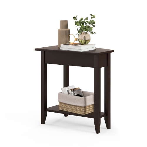 Narrow 2-Tier Side Table with Wedge Design, Shelf, and Wooden Legs