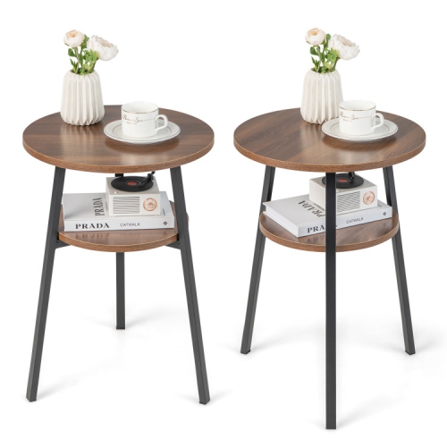 Modern Set of 2 Round End Tables with 2 Tiers and Triangular Metal Frame