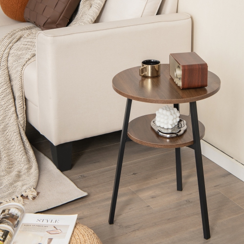 Modern Set of 2 Round End Tables with 2 Tiers and Triangular Metal Frame