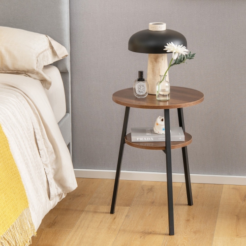 Modern Set of 2 Round End Tables with 2 Tiers and Triangular Metal Frame