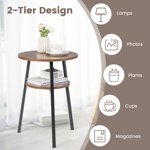 Modern Set of 2 Round End Tables with 2 Tiers and Triangular Metal Frame