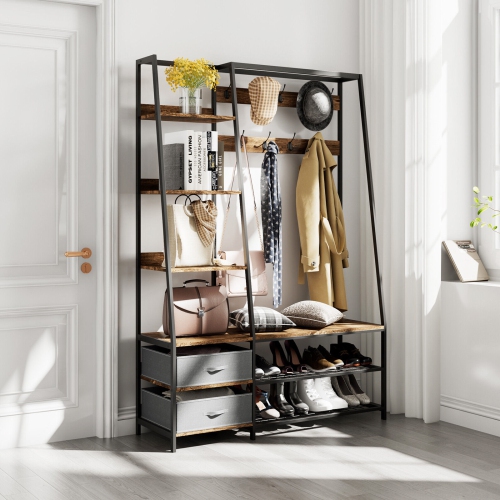 Portemanteau autonome 6-en-1 avec portemanteau, banc et tiroirs de rangement en tissu