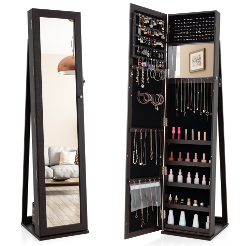 Lockable Standing Jewelry Cabinet with Mirror for Full-Length View