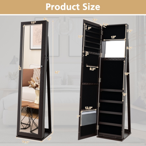 Lockable Standing Jewelry Cabinet with Mirror for Full-Length View