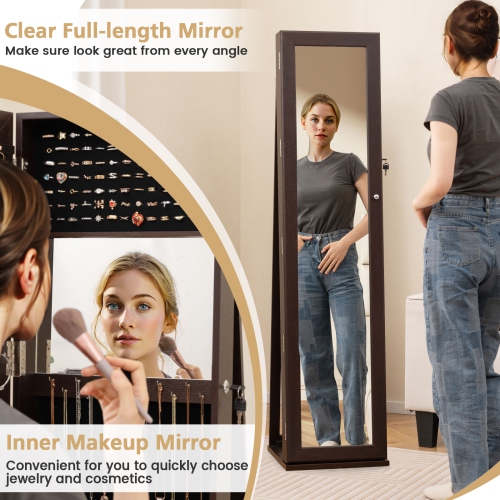 Lockable Standing Jewelry Cabinet with Mirror for Full-Length View