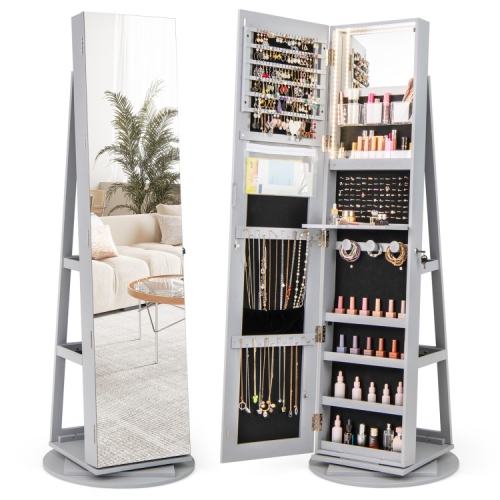 Rotating Jewelry Cabinet with Mirror, Lockable Design, and 3 LED Modes