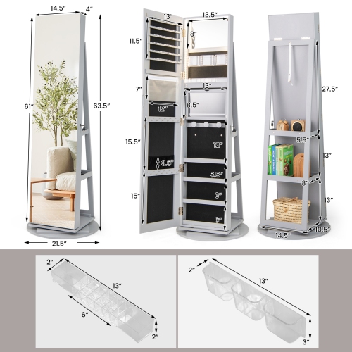 Rotating Jewelry Cabinet with Mirror, Lockable Design, and 3 LED Modes