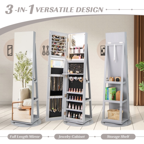 Rotating Jewelry Cabinet with Mirror, Lockable Design, and 3 LED Modes