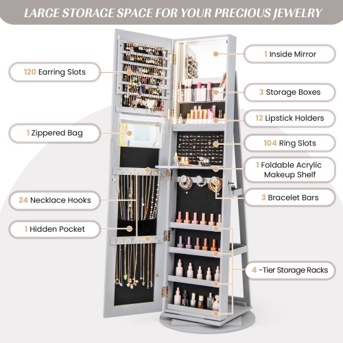 Rotating Jewelry Cabinet with Mirror, Lockable Design, and 3 LED Modes