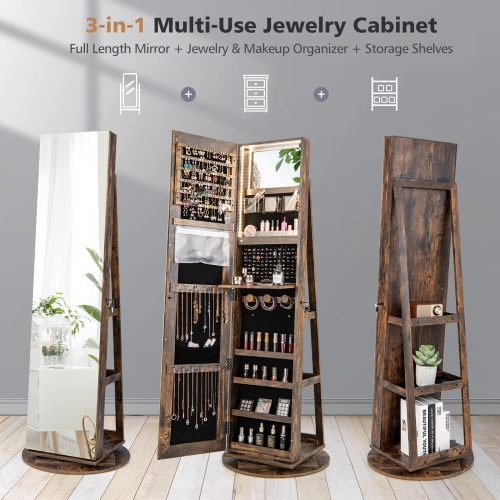 Rotating Jewelry Cabinet with Mirror, Lockable Design, and 3 LED Modes