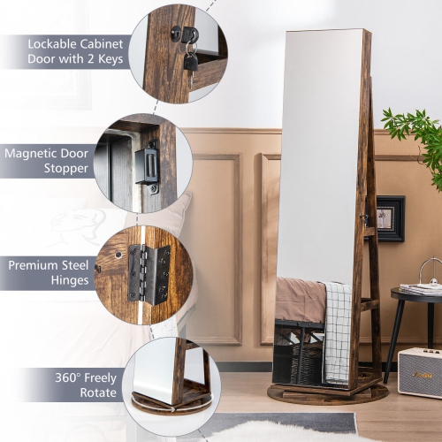 Rotating Jewelry Cabinet with Mirror, Lockable Design, and 3 LED Modes