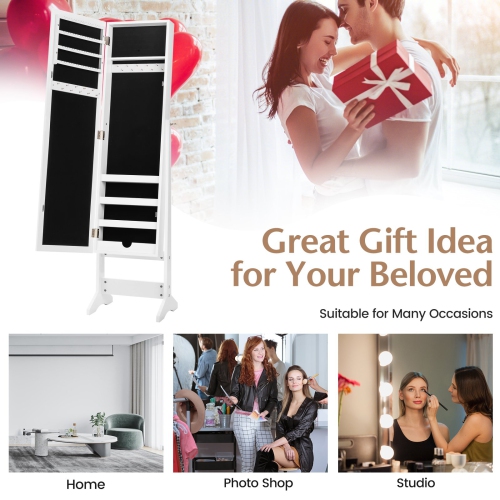 Mirrored Jewelry Cabinet with Organizer Box, Ring Storage, and Stand