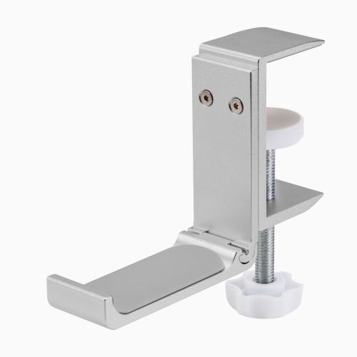 DESKY  Foldable Headphone Hook – Aluminum Clamp, Under-Desk Wobbler, Universal Fit 5–50 Mm, 3 Kg Capacity, Cable Clip In Silver