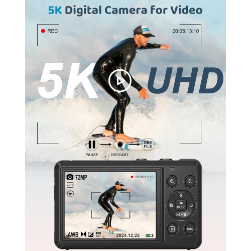 Appareil photo CCD portatif pour étudiants sur le campus Carte HD 72&nbsp;Mpx Appareil photo numérique filmant 5K avec zoom 16x - Carte 64&nbsp;Go