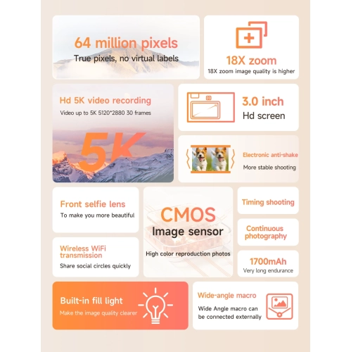 Appareil photo numérique HD 64&nbsp;Mpx pour étudiants avec appareil photo à égoportrait, filtre rétro, écran CCD texturé - rose, pas de carte mémoire