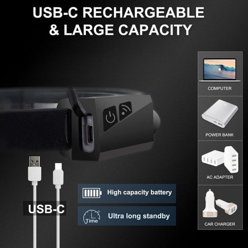 Détecteur de vague Lampe frontale pour vélo d'extérieur USB Lampe de circulation de nuit rechargeable Lampe frontale en silicone Lampe de poche pour