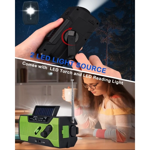 Outdoor Emergency Portable Radio, Multi-Function Solar Hand-Crank Radio, Emergency Flashlight, Perfect Addition to Survival Gear - Green - US Version