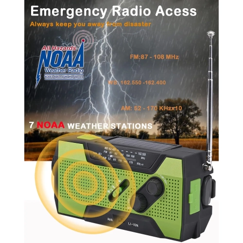Outdoor Emergency Portable Radio, Multi-Function Solar Hand-Crank Radio, Emergency Flashlight, Perfect Addition to Survival Gear - Green - US Version
