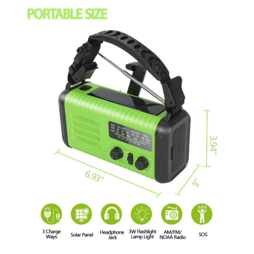 Radio d'urgence multifonction très populaire avec lampe de poche, radio solaire à manivelle et fonction SOS - Vert armée