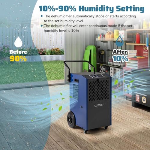 Déshumidificateur commercial de 154 chopines de Costway avec tuyaux d'évacuation de pompe pour sous-sols Sites d'emploi Bleu/Blanc