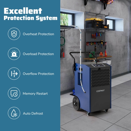 Déshumidificateur commercial de 154 chopines de Costway avec tuyaux d'évacuation de pompe pour sous-sols Sites d'emploi Bleu/Blanc