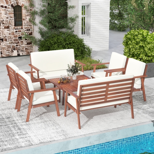 Costway 8 PCS Patio Conversation Set Acacia Wood Sofa Coffee Table with Cushioned Seat