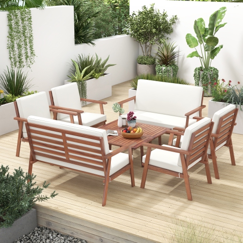 Costway 8 PCS Patio Conversation Set Acacia Wood Sofa Coffee Table with Cushioned Seat