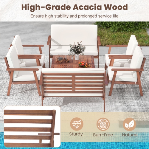 Costway 8 PCS Patio Conversation Set Acacia Wood Sofa Coffee Table with Cushioned Seat