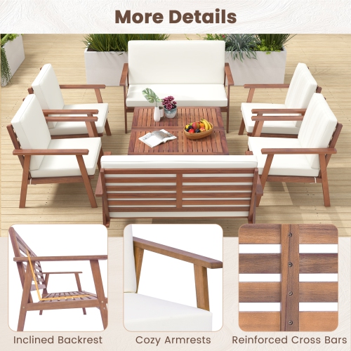Costway 8 PCS Patio Conversation Set Acacia Wood Sofa Coffee Table with Cushioned Seat