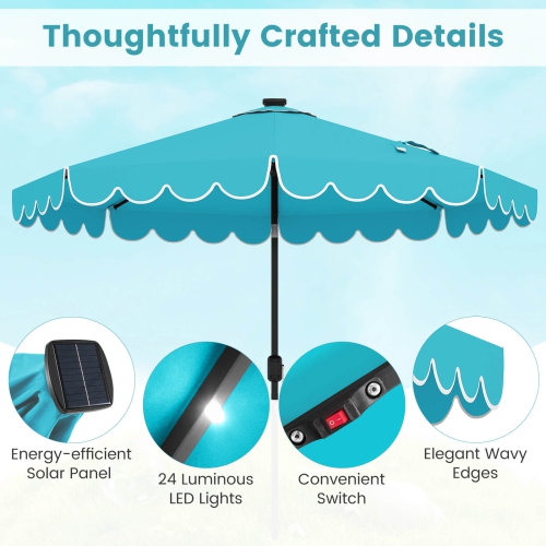 Costway 9.3 FT Solar Patio Umbrella Outdoor Market Sunshade with 24 LED Lights, Ruffles Gray