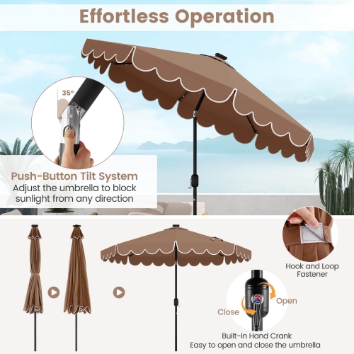 Costway 9.3 FT Solar Patio Umbrella Outdoor Market Sunshade with 24 LED Lights, Ruffles Gray
