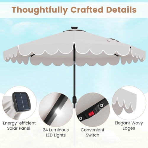 Costway 9.3 FT Solar Patio Umbrella Outdoor Market Sunshade with 24 LED Lights, Ruffles Gray