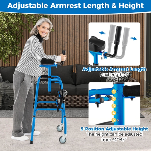 Costway Versatile Rolling Walker All Terrain Stand-Assist Walker with 2 Premium Wheels Navy/Sliver