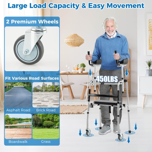 Costway Versatile Rolling Walker All Terrain Stand-Assist Walker with 2 Premium Wheels Navy/Sliver