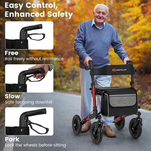 Goplus Walker for Seniors Folding Rollator Walker with 9" Pneumatic Tires for All Terrain Blue/Red/Black